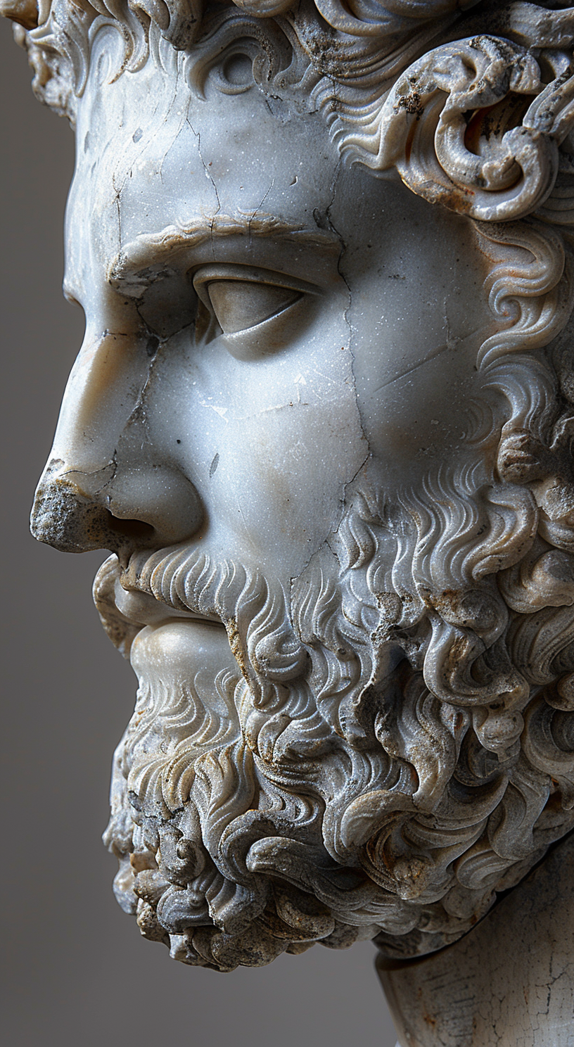 AI generated: Midjourney prompt: greek sculpture, head of Hadrian, close up, grey b... (Midjourney - Character Design)
