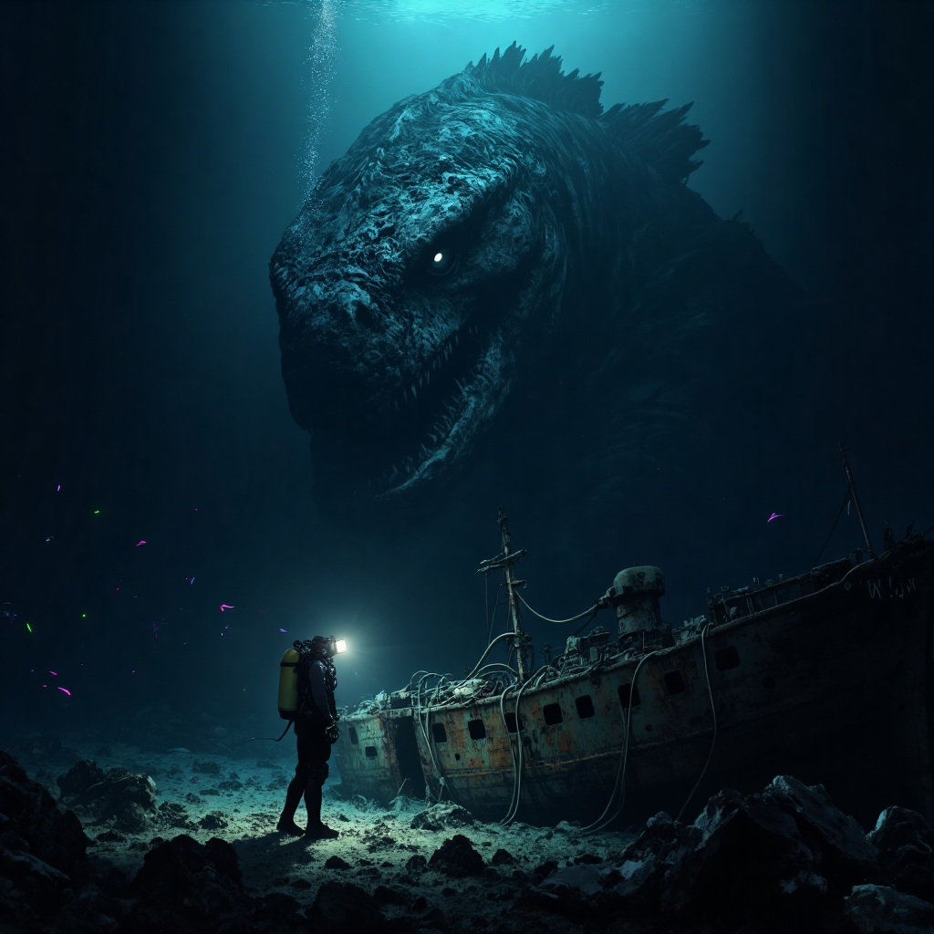AI generated: FLUX prompt: A lone diver hovers in the crushing depths of the ... (FLUX - Character Design)