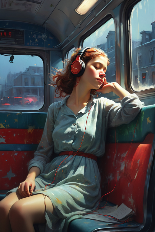 AI generated: Stable Diffusion prompt: girl, headphones, sleeping, in bus, star map outsi... (Stable Diffusion - Portraits)