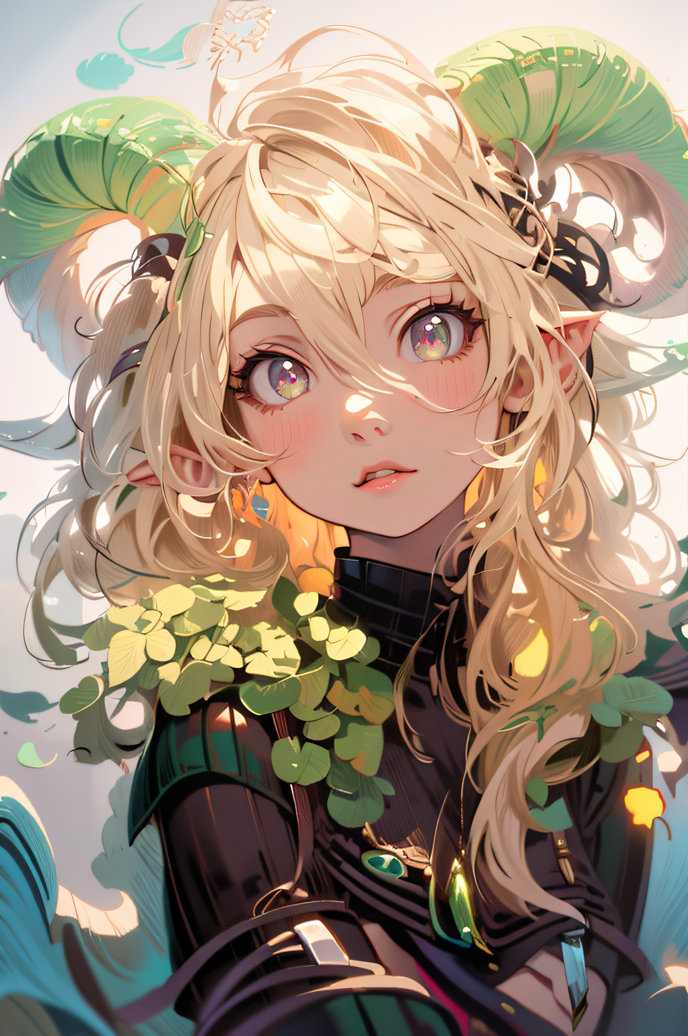 Midjourney prompt: blond haired girl with horns and green leaves on h... - Midjourney