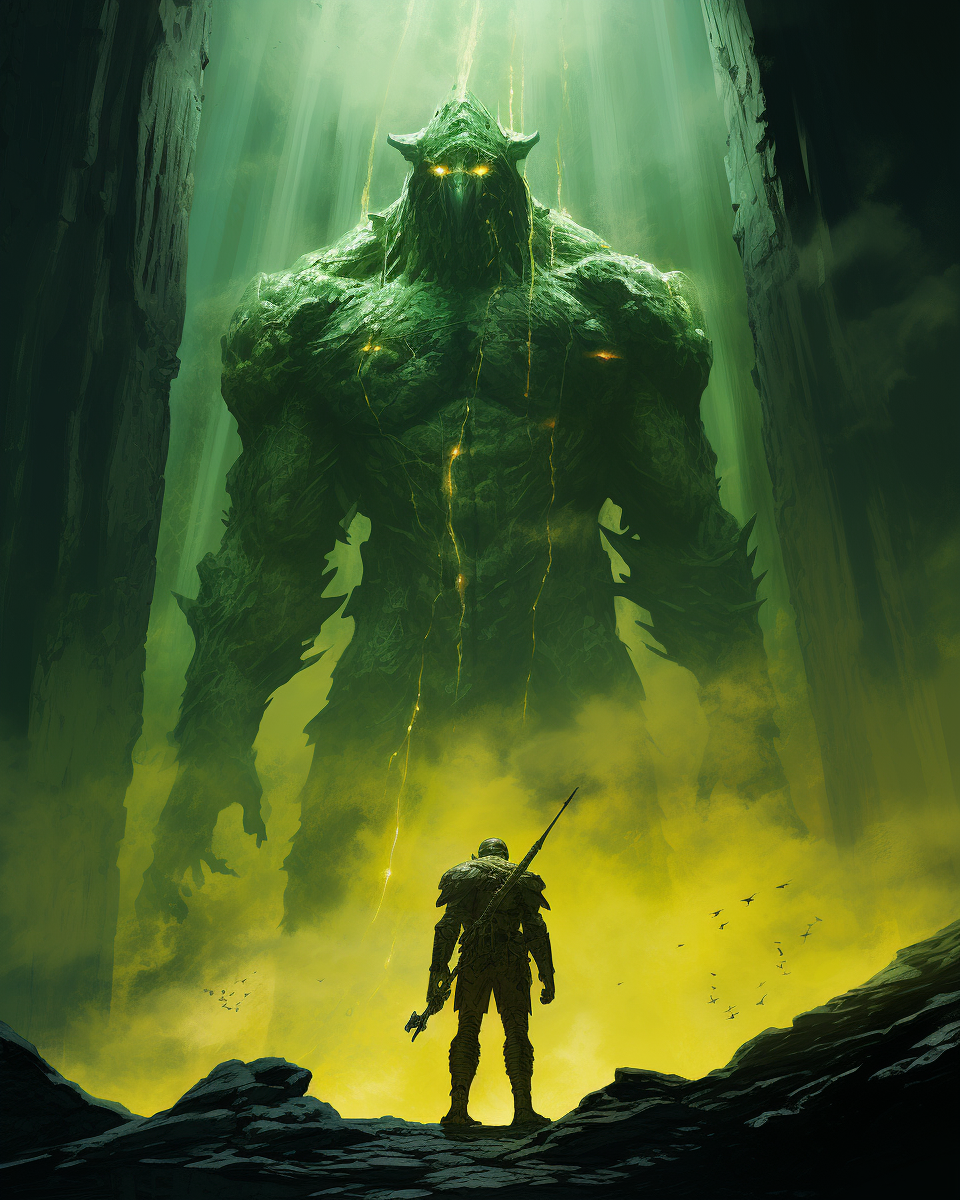 AI generated: Midjourney prompt: A giant, ominous figure made of green crystals sta... (Midjourney - Character Design)