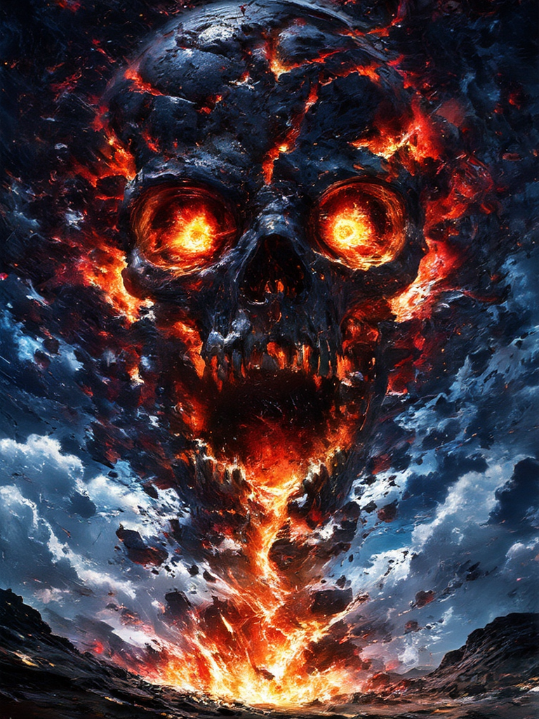 AI generated: FLUX prompt: A towering, colossal skull floats centered in the ... (FLUX - Character Design)