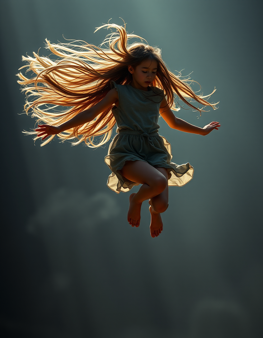 صورة مولدة بالذكاء الاصطناعي: FLUX prompt: Capture the mystique of a girl mid-jump, her long ... (نموذج FLUX - صور شخصية)