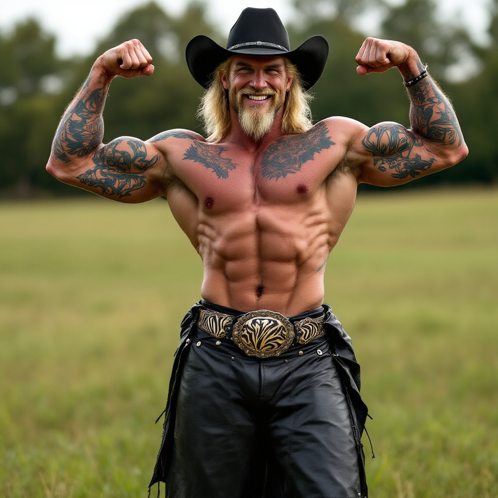 FLUX prompt: Full body image, Cowboy, muscular, heavily t...