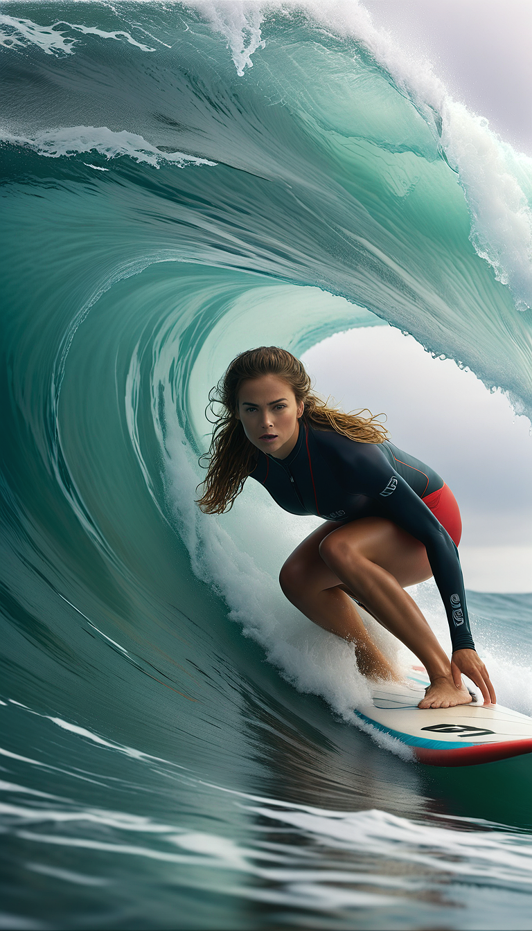 AI generated: Stable Diffusion prompt: The image features a woman riding a wave on a surf... (Stable Diffusion - Photography)