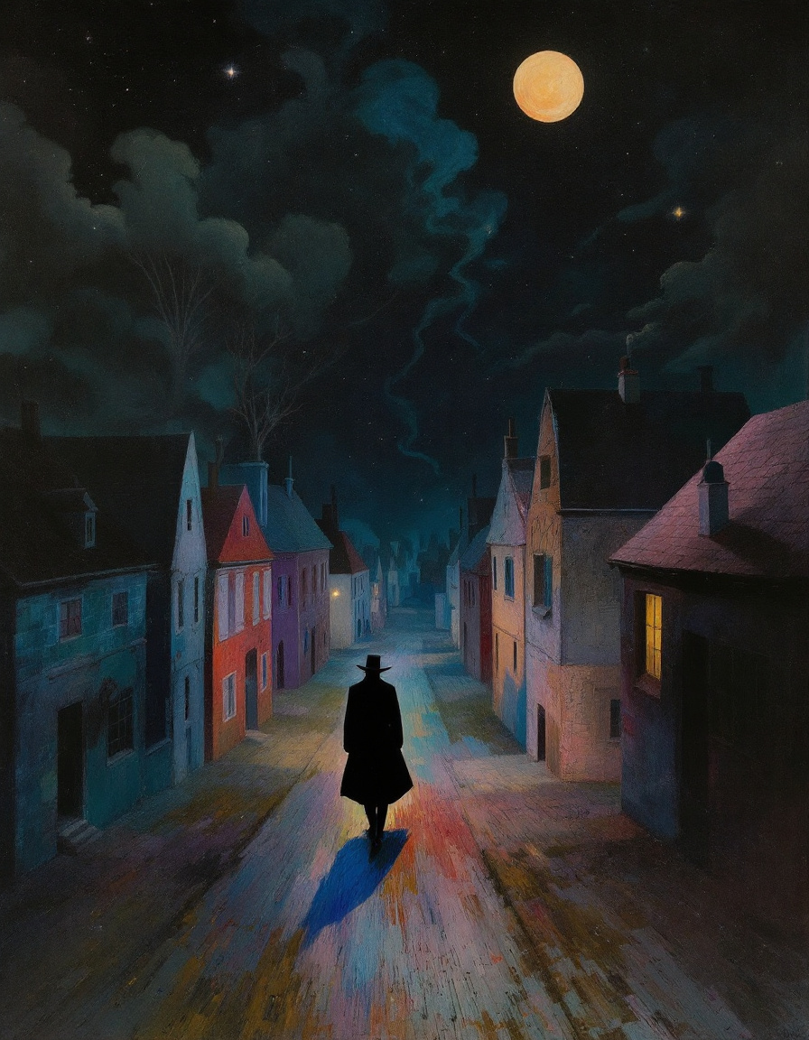 AI generated: FLUX prompt: a villain creeps through a town at night in this s... (FLUX - Concept Art)