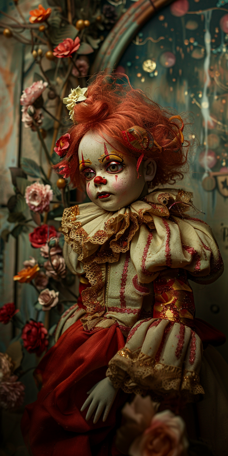 AI generated: Midjourney prompt: A vintage circus clown doll with a red and gold ou... (Midjourney - Portraits)