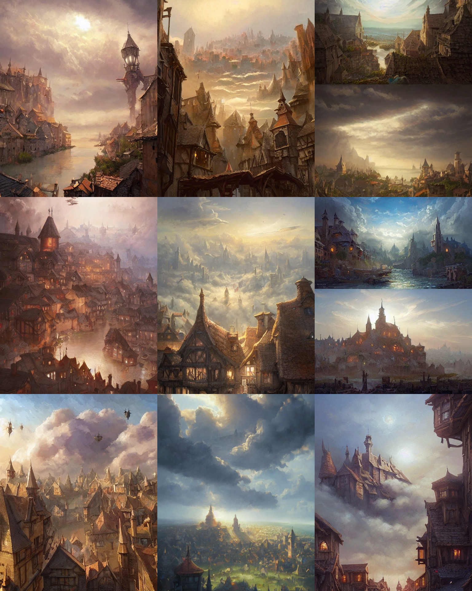 Stable Diffusion prompt: medieval town floating in the sk...