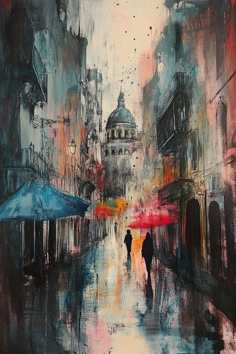 صورة مولدة بالذكاء الاصطناعي: Midjourney prompt: a painting of a cityscape done in dry brush style ... (نموذج Midjourney - فن مفاهيمي)