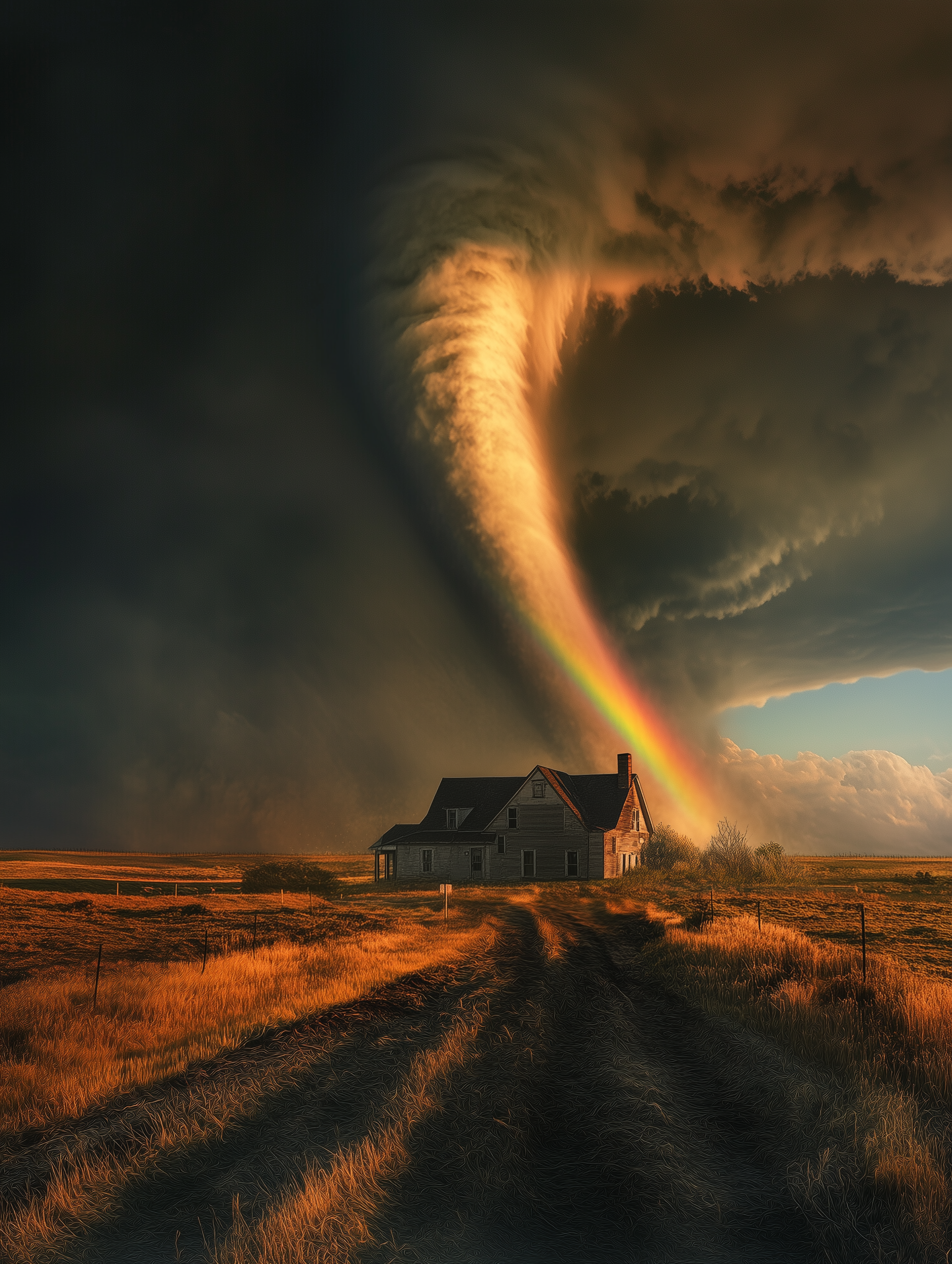 Midjourney prompt: A giant tornado looming over an old farmhouse, wit... - Midjourney