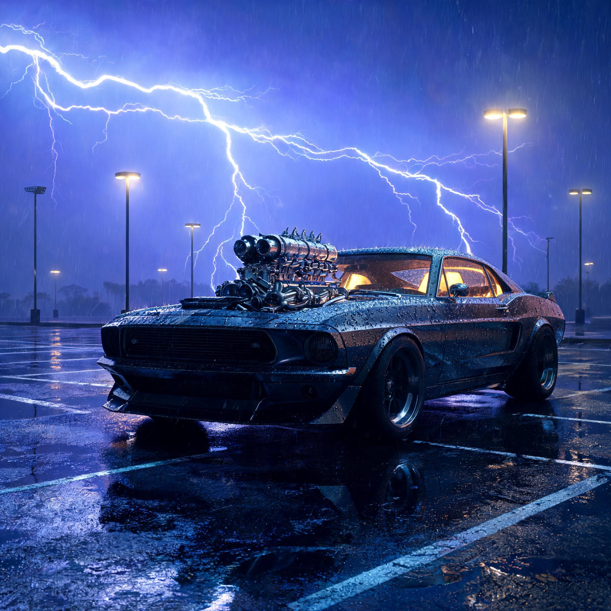 صورة مولدة بالذكاء الاصطناعي: Seedream 5 prompt: Very far in the future muscle car with an enormous... (نموذج Seedream 5 - فن مفاهيمي)