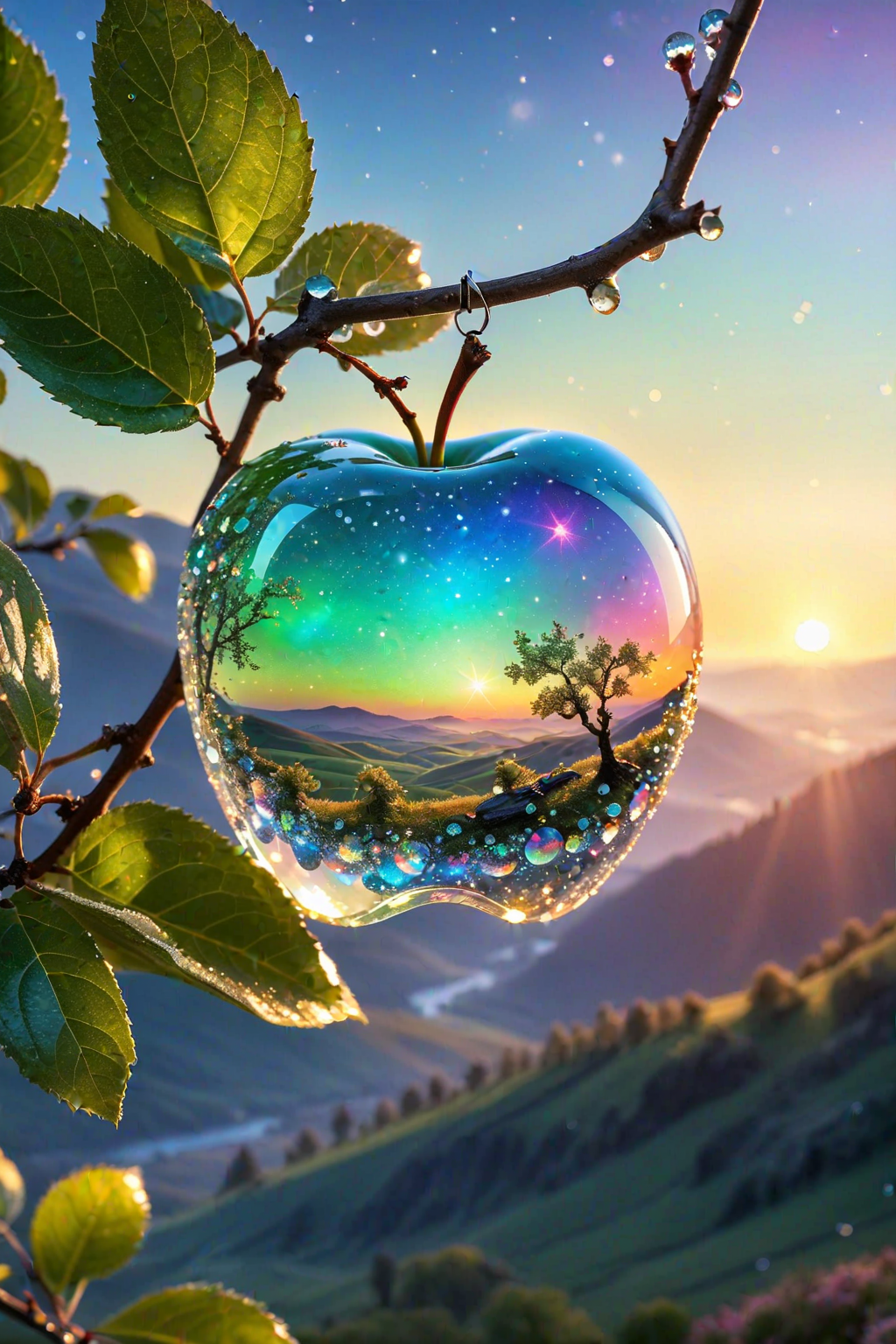 AI generated: Stable Diffusion prompt: a delicate apple made of opal hung on branch in th... (Stable Diffusion - Photography)