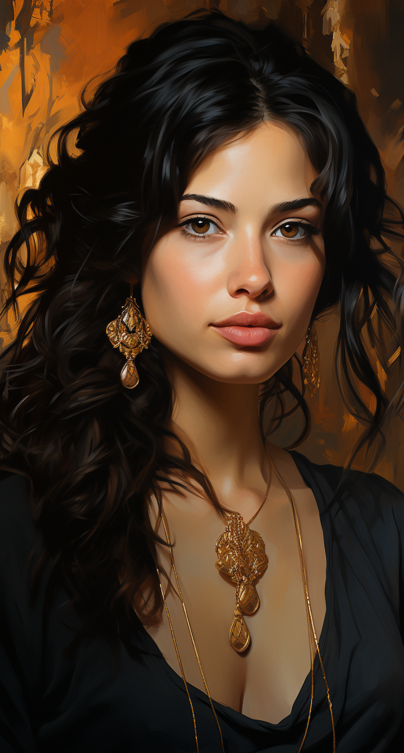 Midjourney prompt: a painting of a dark-haired woman wearing gold ear... - Midjourney