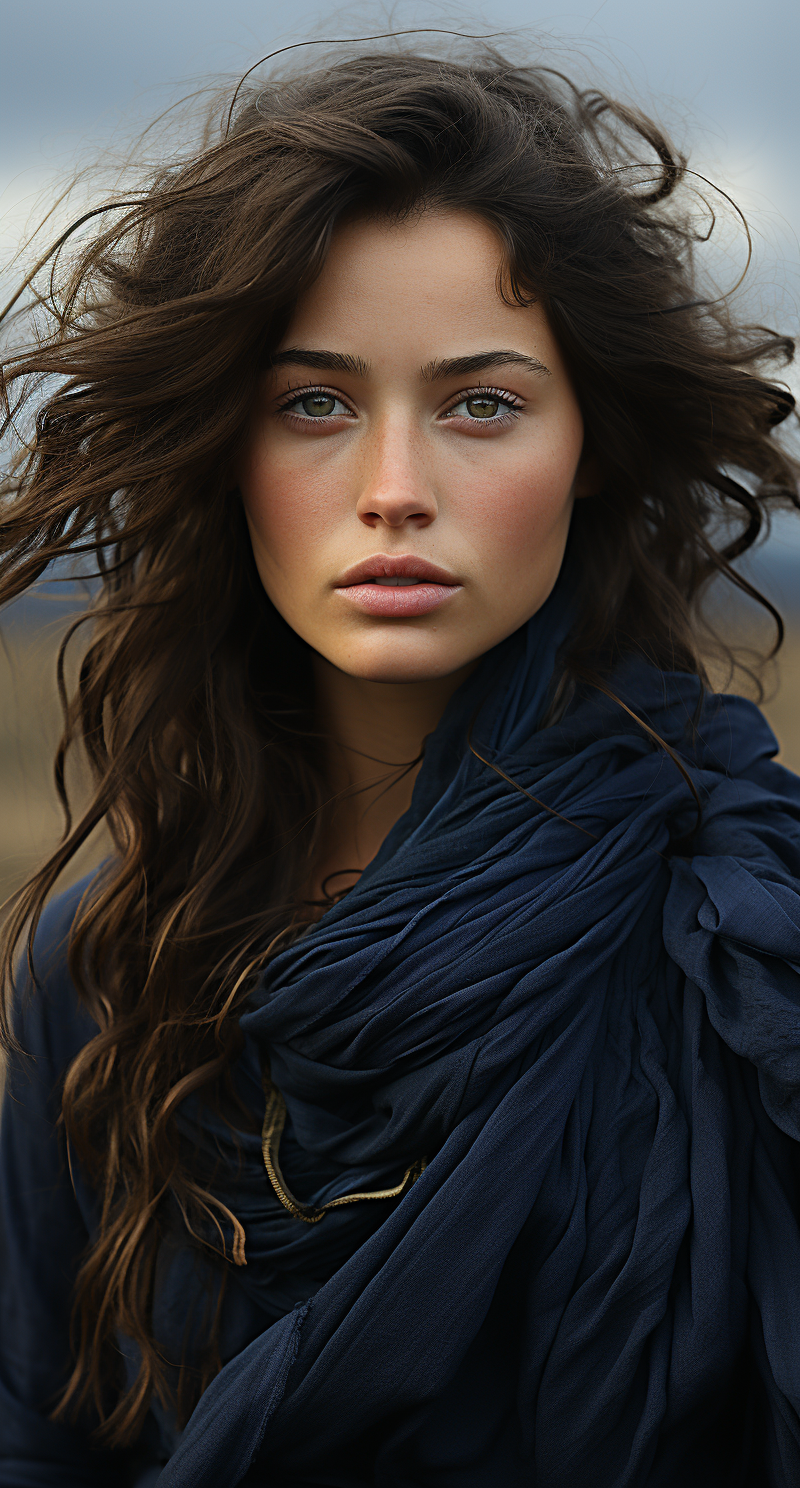 AI generated: Midjourney prompt: a girl standing in a field with a scarf, in the st... (Midjourney - Photography)