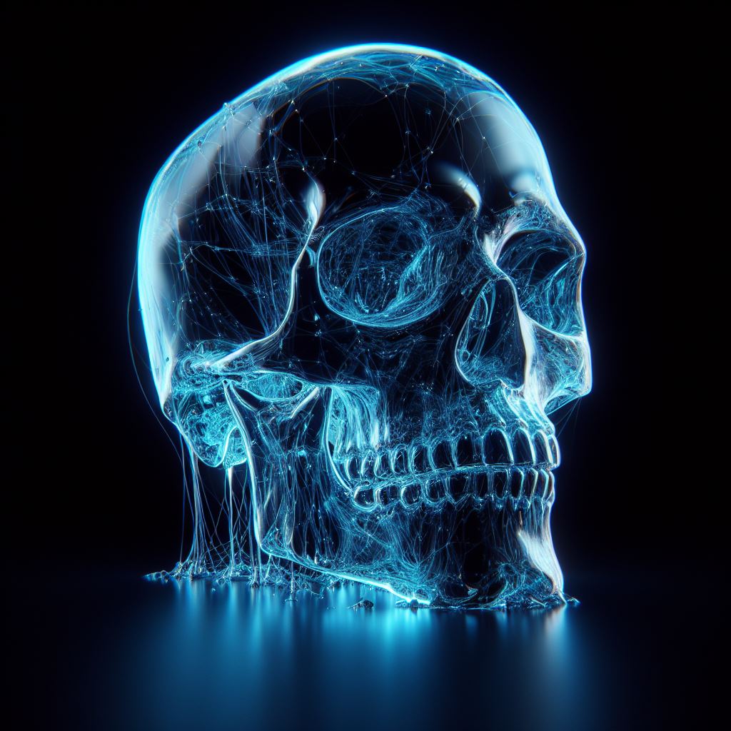 AI generated: Blue glass skull (DALL·E - 3d Renders)