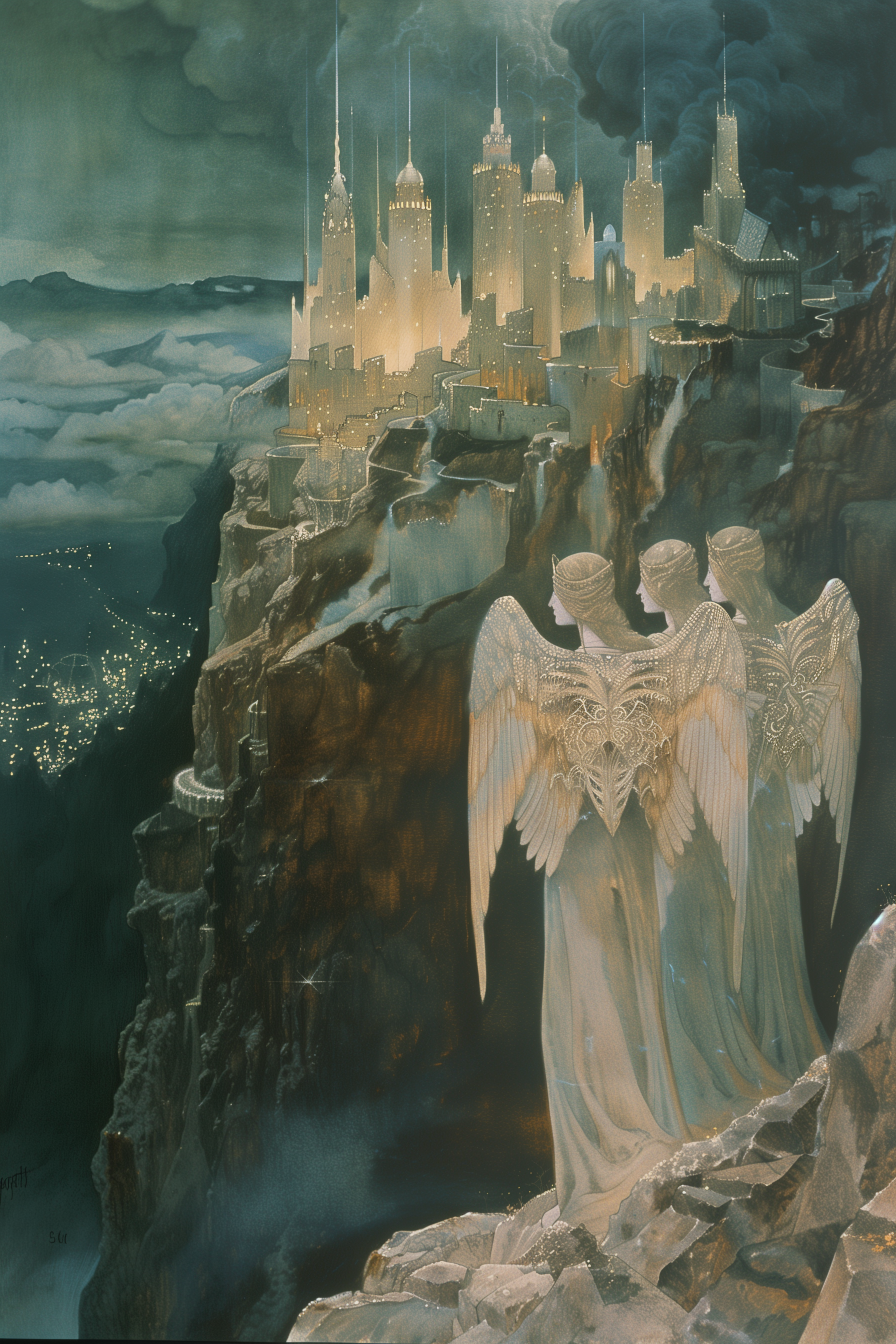 صورة مولدة بالذكاء الاصطناعي: Midjourney prompt: A group of angels, with wings spread wide and face... (نموذج Midjourney - فن مفاهيمي)