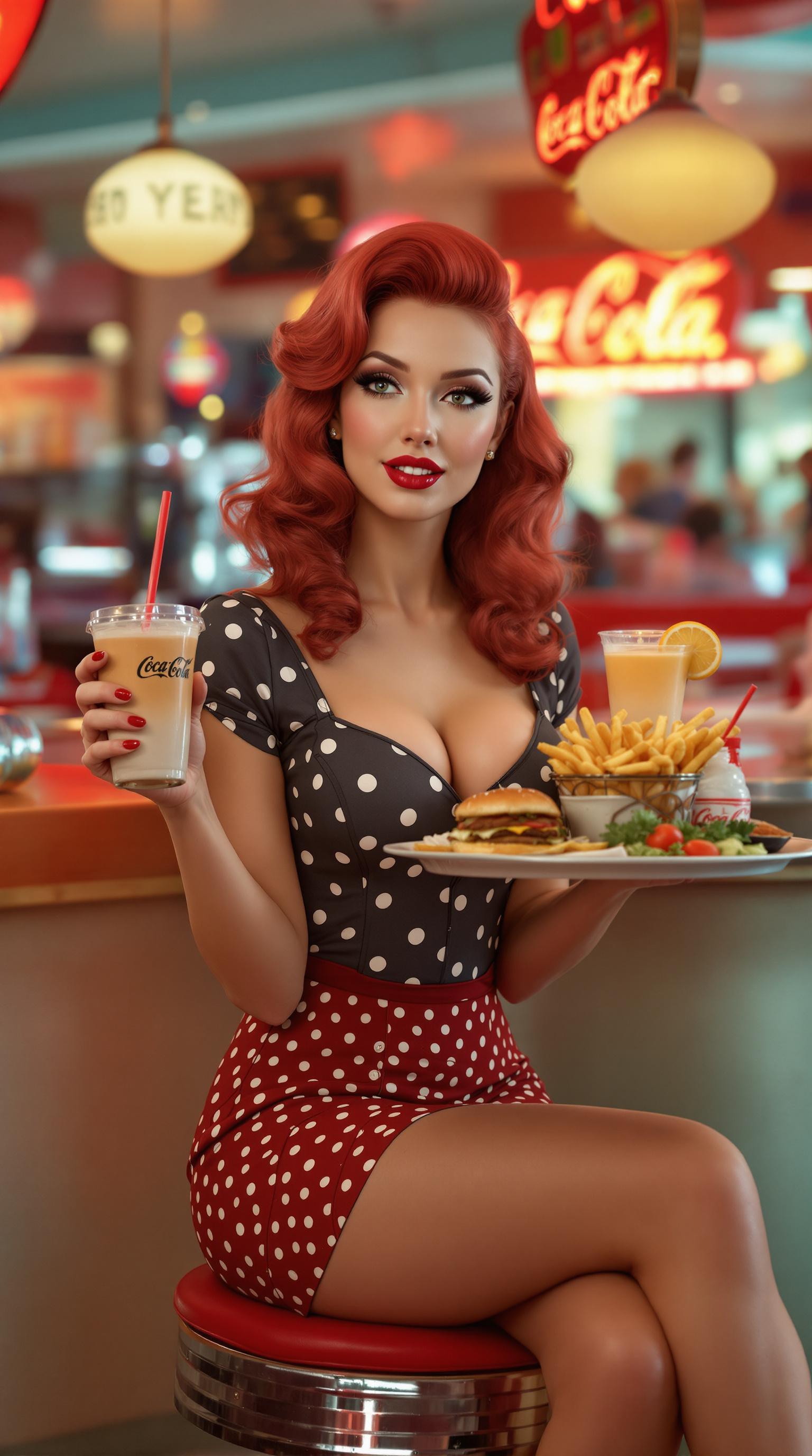 صورة مولدة بالذكاء الاصطناعي: FLUX prompt: retro, a woman with vibrant red hair, stylish pin-... (نموذج FLUX - أزياء وموضة)
