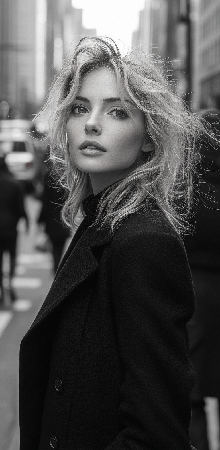 Midjourney prompt: Black and white street photography of a supermodel... - Midjourney