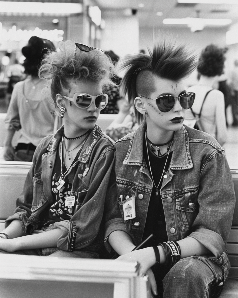Midjourney prompt: black and white photo of two punk girls in the mal... - Midjourney
