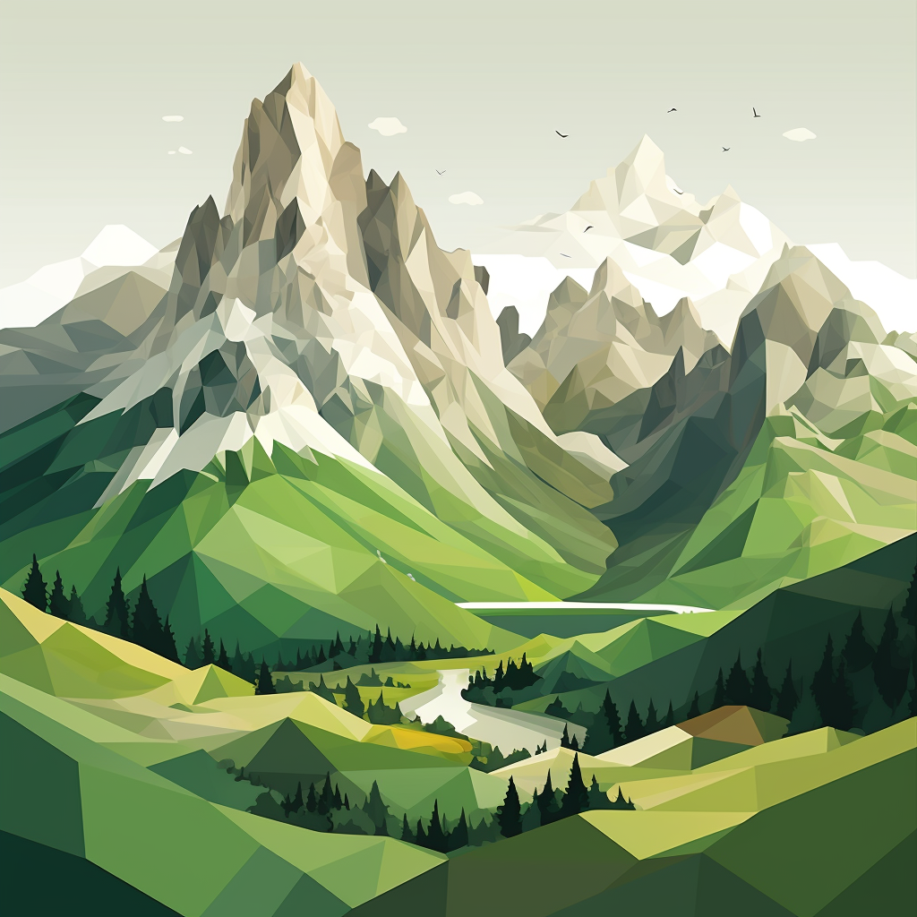AI generated: Midjourney prompt: Flat illustration of a mountain landscape, clean l... (Midjourney - Portraits)