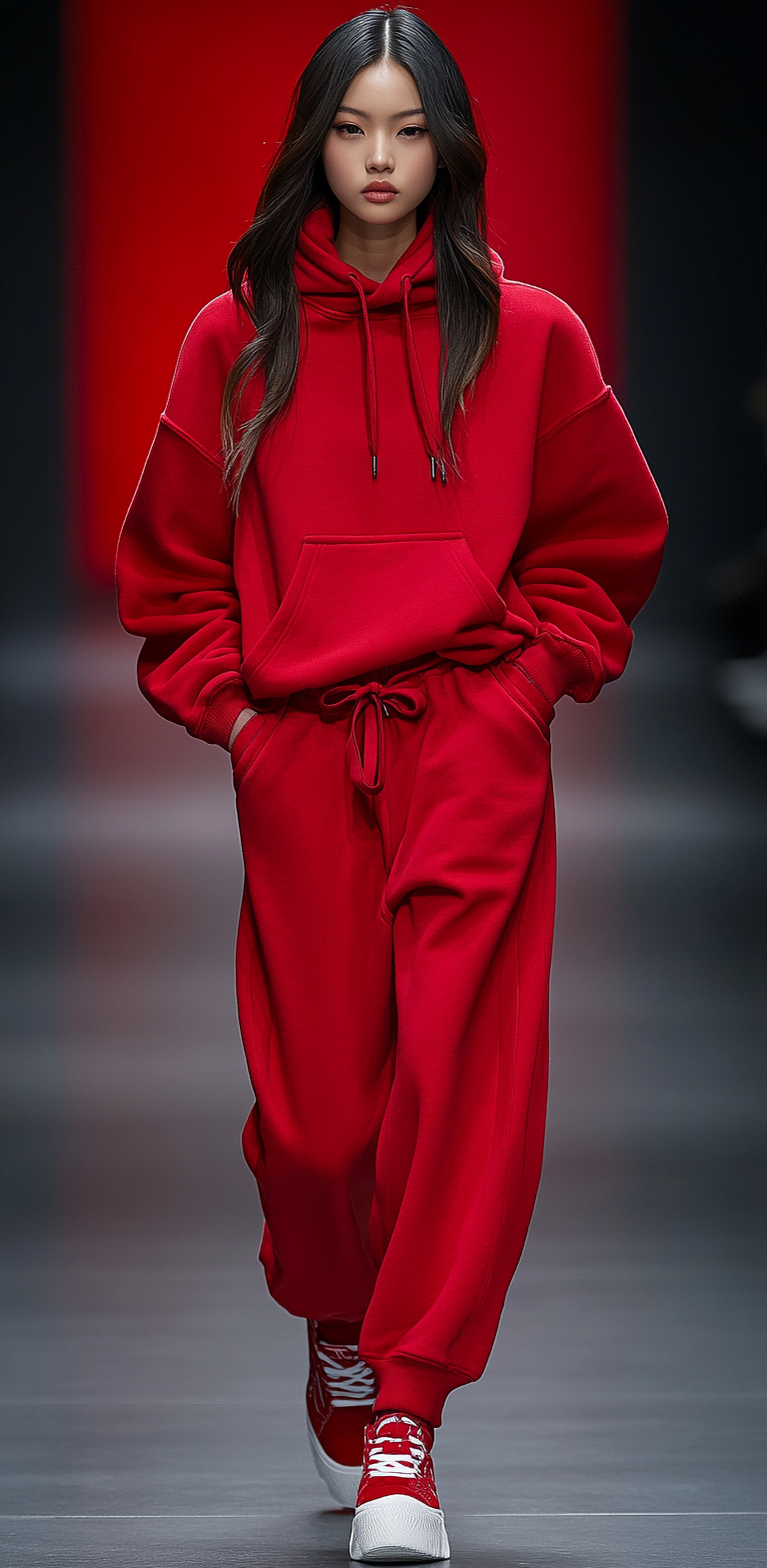AI generated: Midjourney prompt: A beautiful female model wearing an oversized red ... (Midjourney - Fashion)