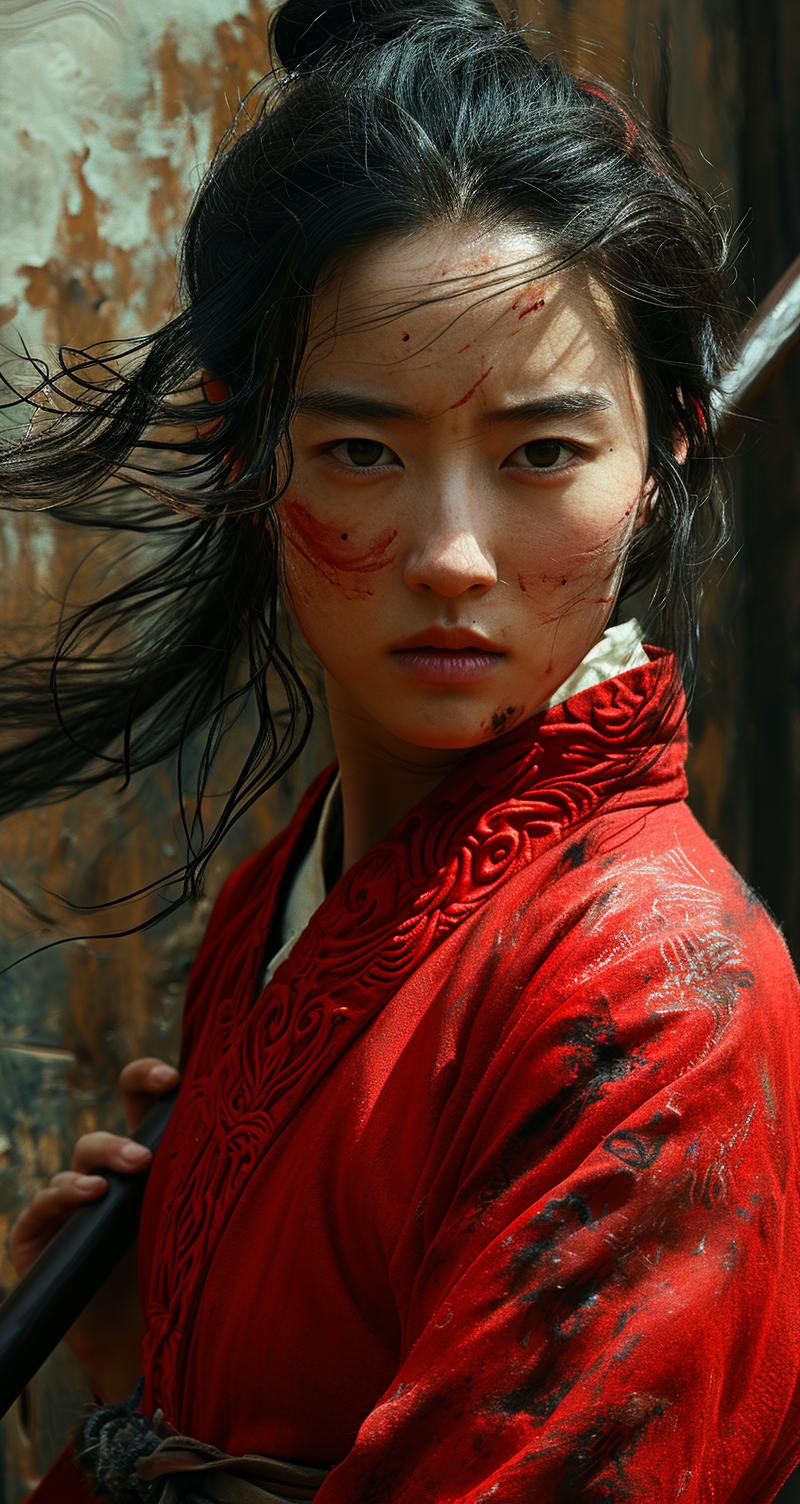 Midjourney prompt: Mulan, traditional Chinese attire, battle scene, h... - Midjourney