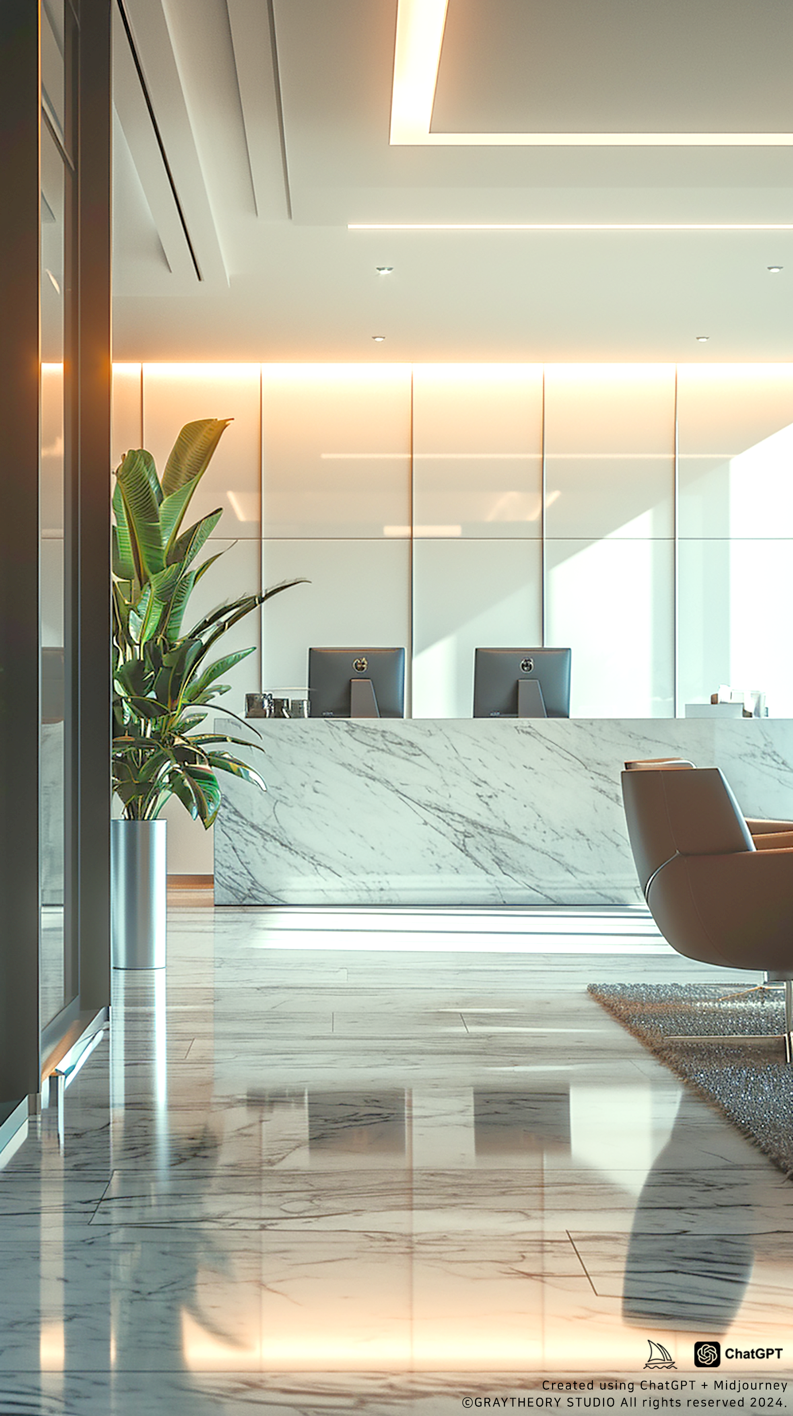 صورة مولدة بالذكاء الاصطناعي: Midjourney prompt: Front view of a sleek financial firm office, minim... (نموذج Midjourney - تصميم داخلي)