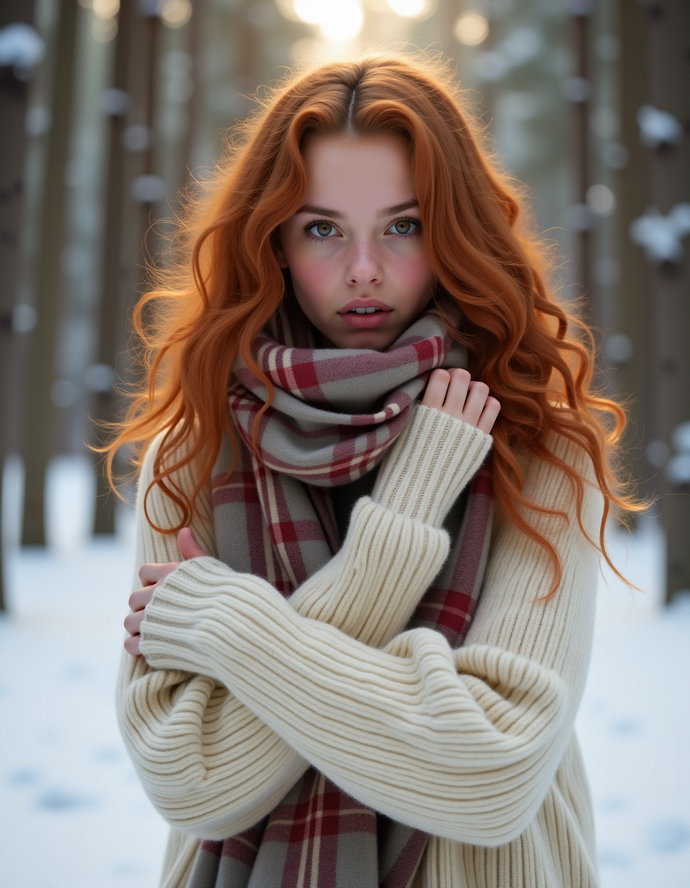 صورة مولدة بالذكاء الاصطناعي: FLUX prompt: Wavy Auburn Hair, Irish Ethnicity, Cozy Winter Sty... (نموذج FLUX - صور شخصية)