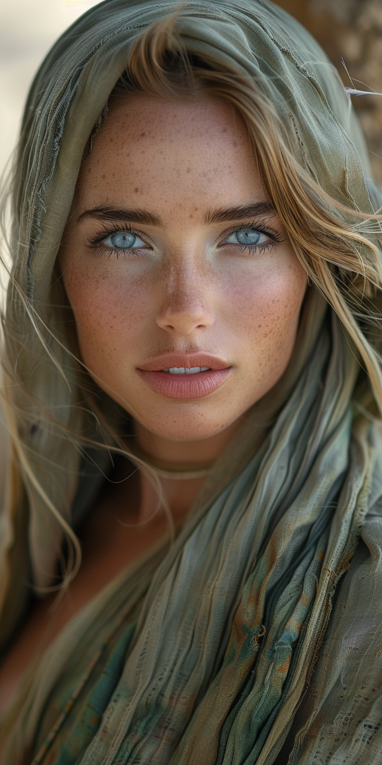 Midjourney prompt: A beautiful woman with grayish blue eyes, wearing ... - Midjourney