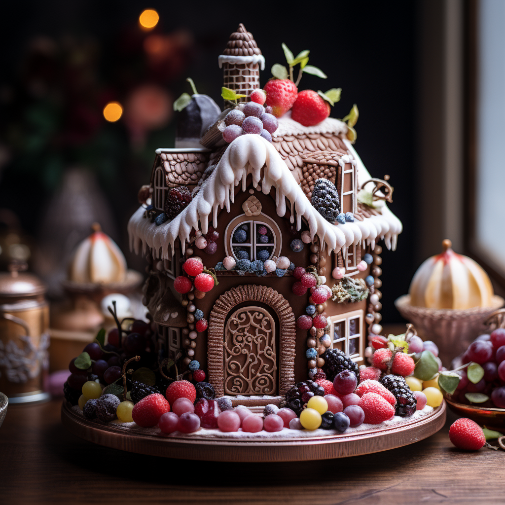 AI generated: Midjourney prompt: a christmas gingerbread house, chocolate icing, fr... (Midjourney - Concept Art)