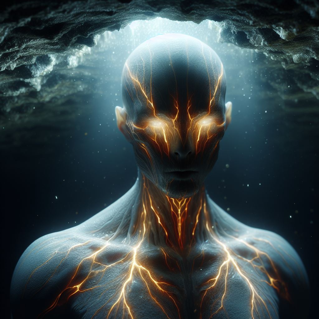 AI generated: DALL·E prompt: A subterranean being, adapted to life in the depth... (DALL·E - Portraits)