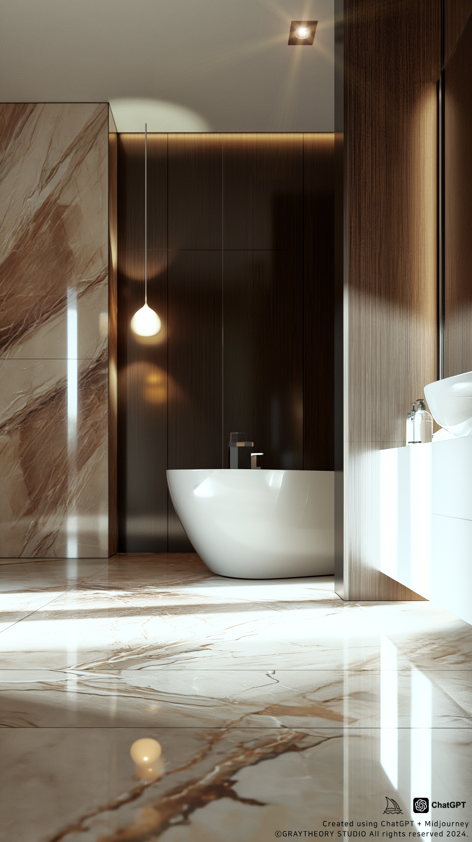 Midjourney prompt: Cinematic view of a modern chic bathroom, marble t... - Midjourney