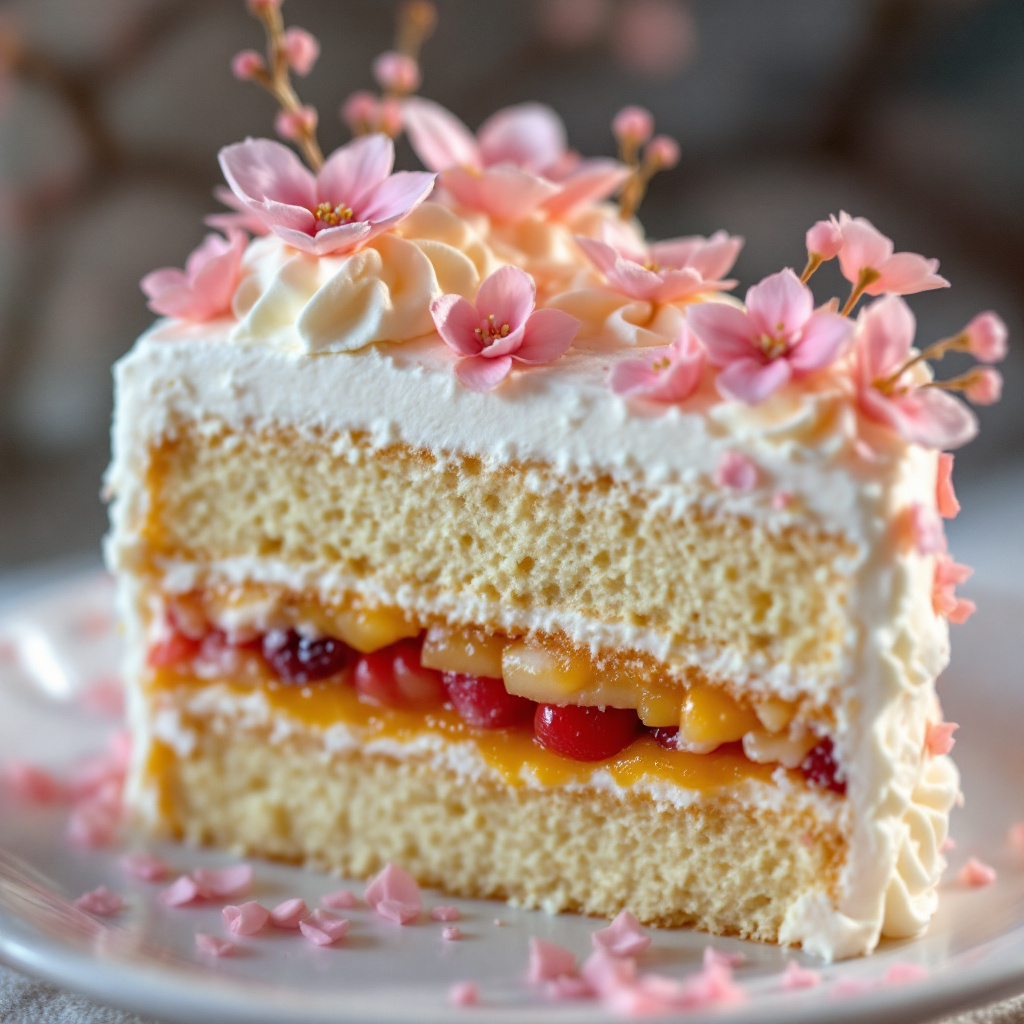 AI generated: FLUX prompt: Close up photograph of a slice of layered cake wit... (FLUX - Portraits)