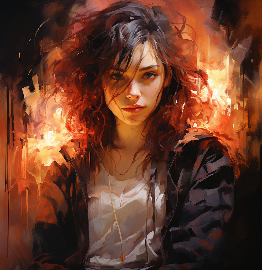 Midjourney prompt: a woman is seated on the floor in front of fire, i... - Midjourney