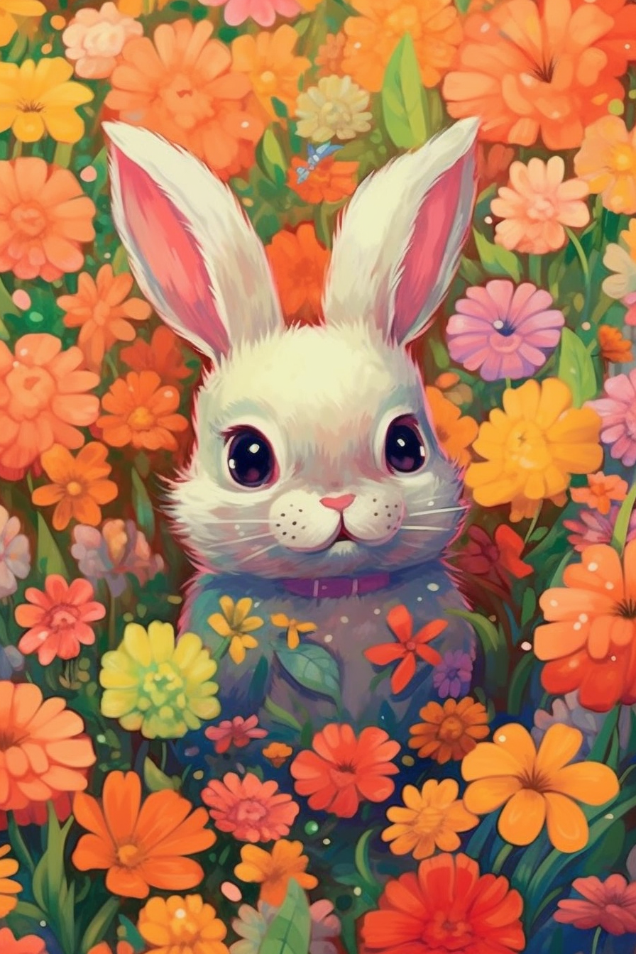 صورة مولدة بالذكاء الاصطناعي: Midjourney prompt: cute bunny playing in flower field background, Pix... (نموذج Midjourney - صور شخصية)