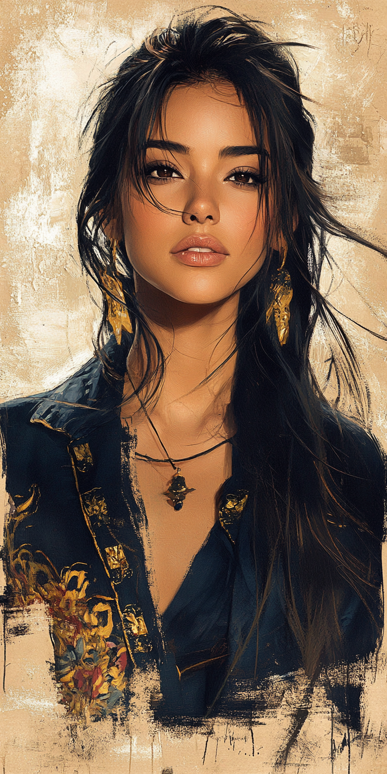 Midjourney prompt: a woman with long black hair in a gold painting, i... - Midjourney