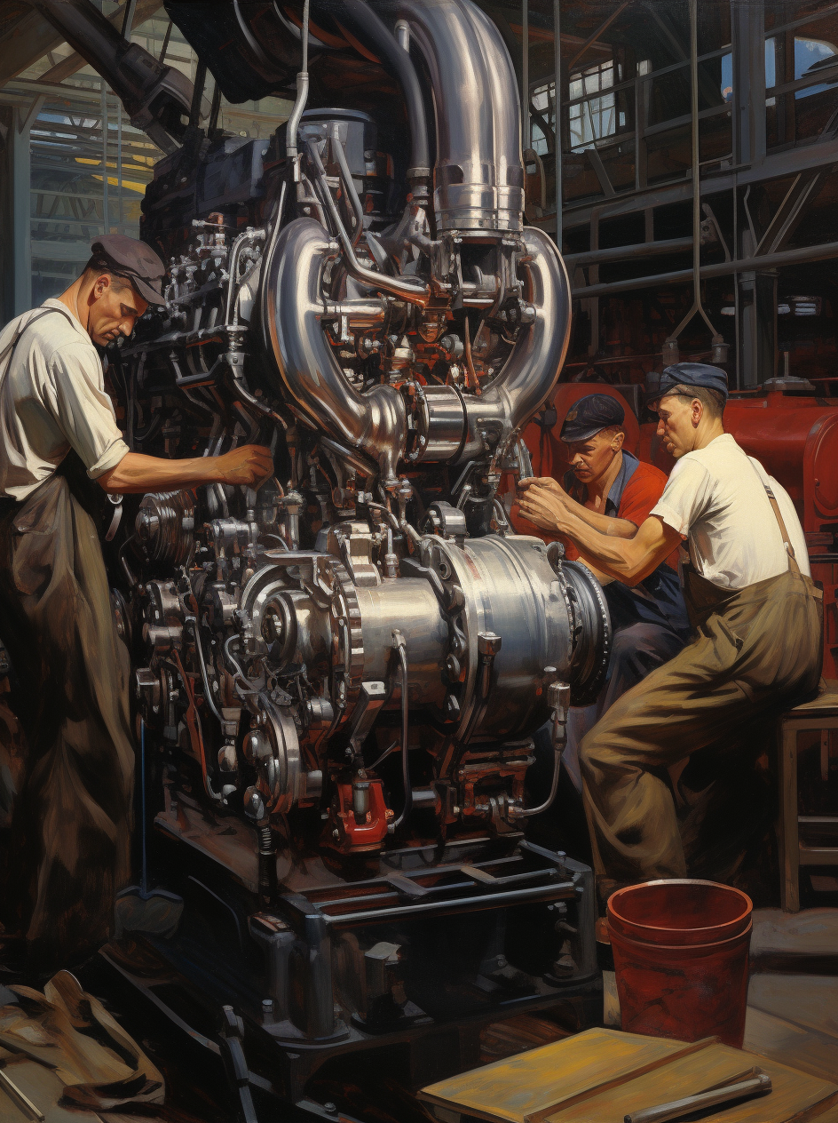 AI generated: Midjourney prompt: A group of workers working on an engine in the sty... (Midjourney - Concept Art)