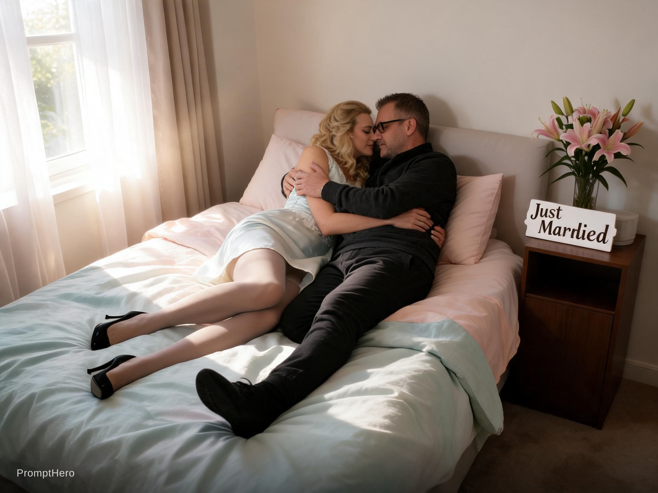 AI generated: Seedream 5 prompt: A loving scene of newlyweds lying in bed, embrace... (Seedream 5 - Interior Design)