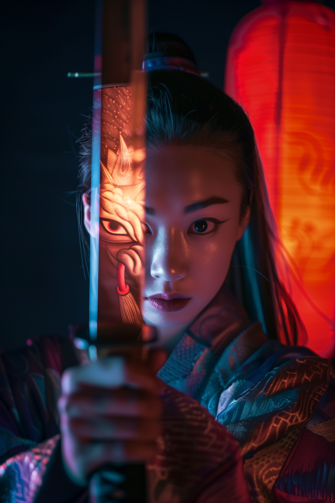 AI generated: Midjourney prompt: beautiful Japanese female warrior is holding a ref... (Midjourney - Portraits)