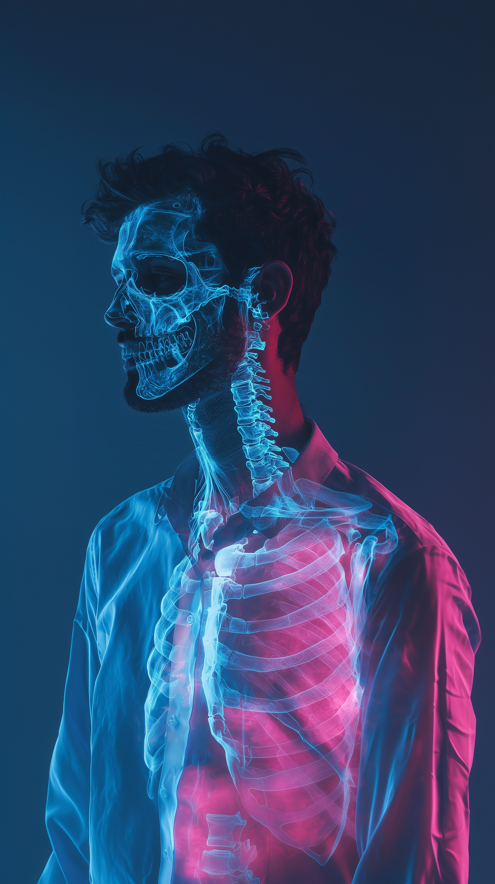 AI generated: Midjourney prompt: digital art, man wearing white shirt, X-ray effect... (Midjourney - Portraits)