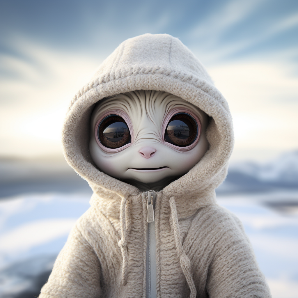 صورة مولدة بالذكاء الاصطناعي: Midjourney prompt: _An_image_of_an_alien_a_small_white_and_furry_crea (نموذج Midjourney - فن مفاهيمي)