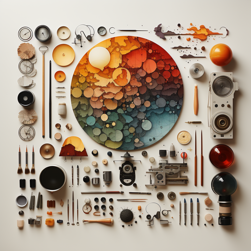 صورة مولدة بالذكاء الاصطناعي: Midjourney prompt: Knolling paint and draw art supplies on a white ba... (نموذج Midjourney - فن مفاهيمي)