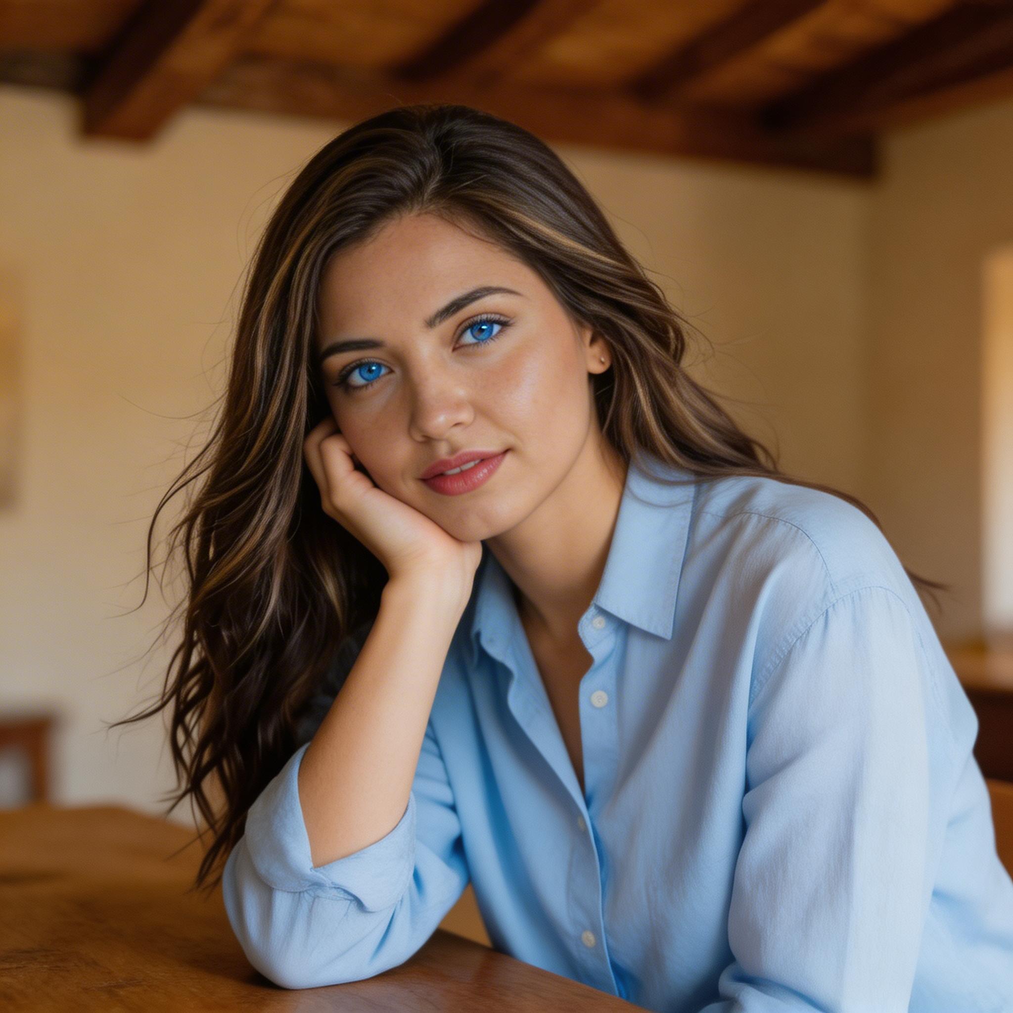 AI generated: Seedream 5 prompt: Portrait of a brunette woman with wavy highlighted... (Seedream 5 - Portraits)