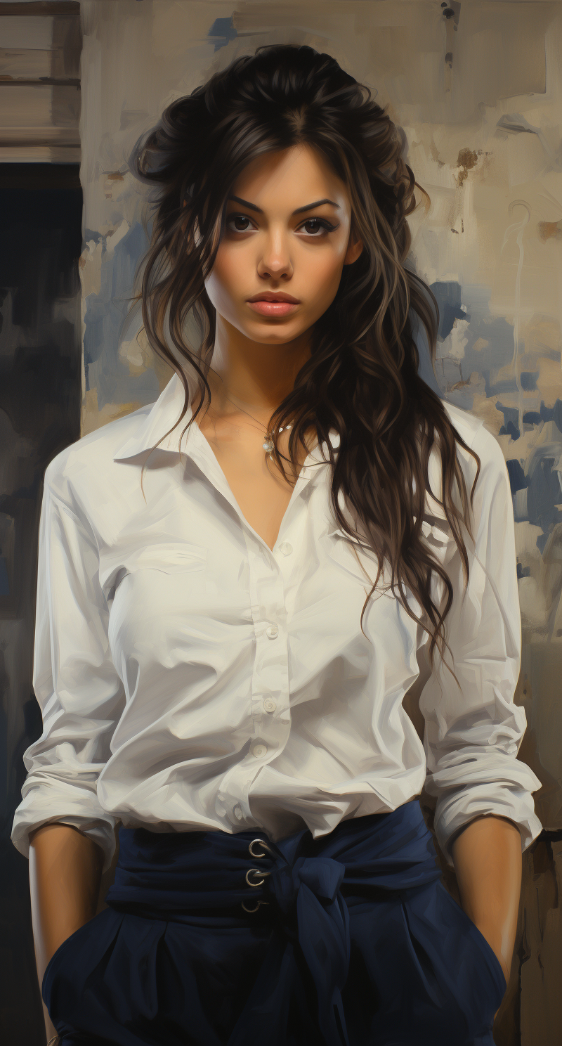 صورة مولدة بالذكاء الاصطناعي: Midjourney prompt: a woman wearing white shirt and blue shorts, in th... (نموذج Midjourney - صور شخصية)