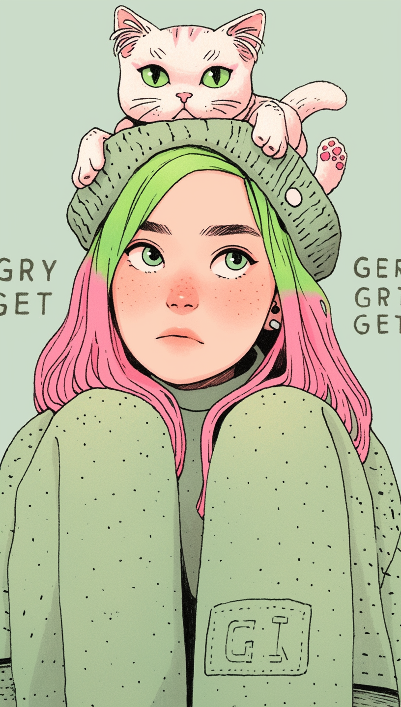 Midjourney prompt: An illustration of a quirky girl with pink hair, i... - Midjourney