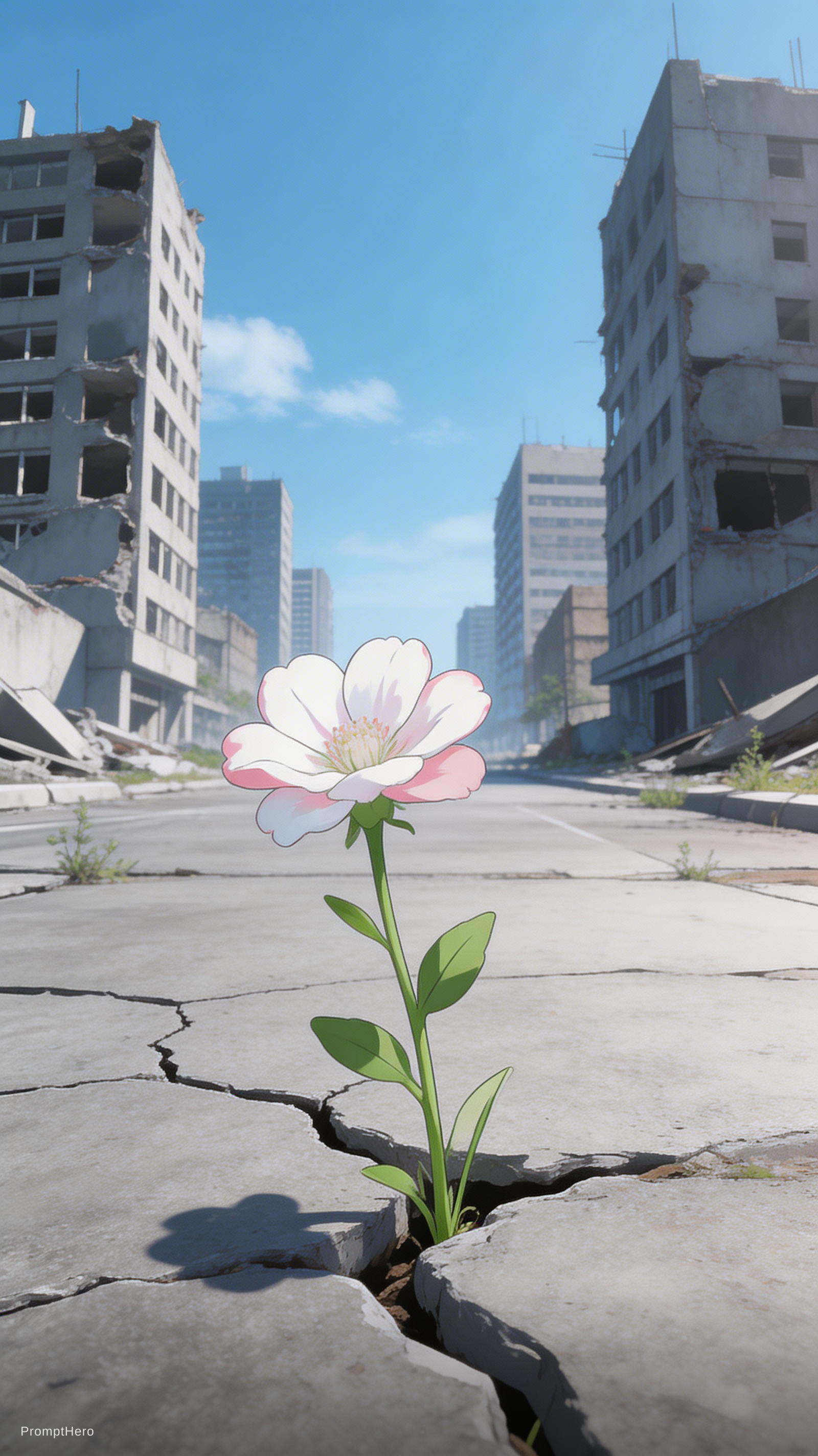 AI generated: Seedream 5 prompt: urban, ruins, clear skies, single flower, contrast... (Seedream 5 - Anime)