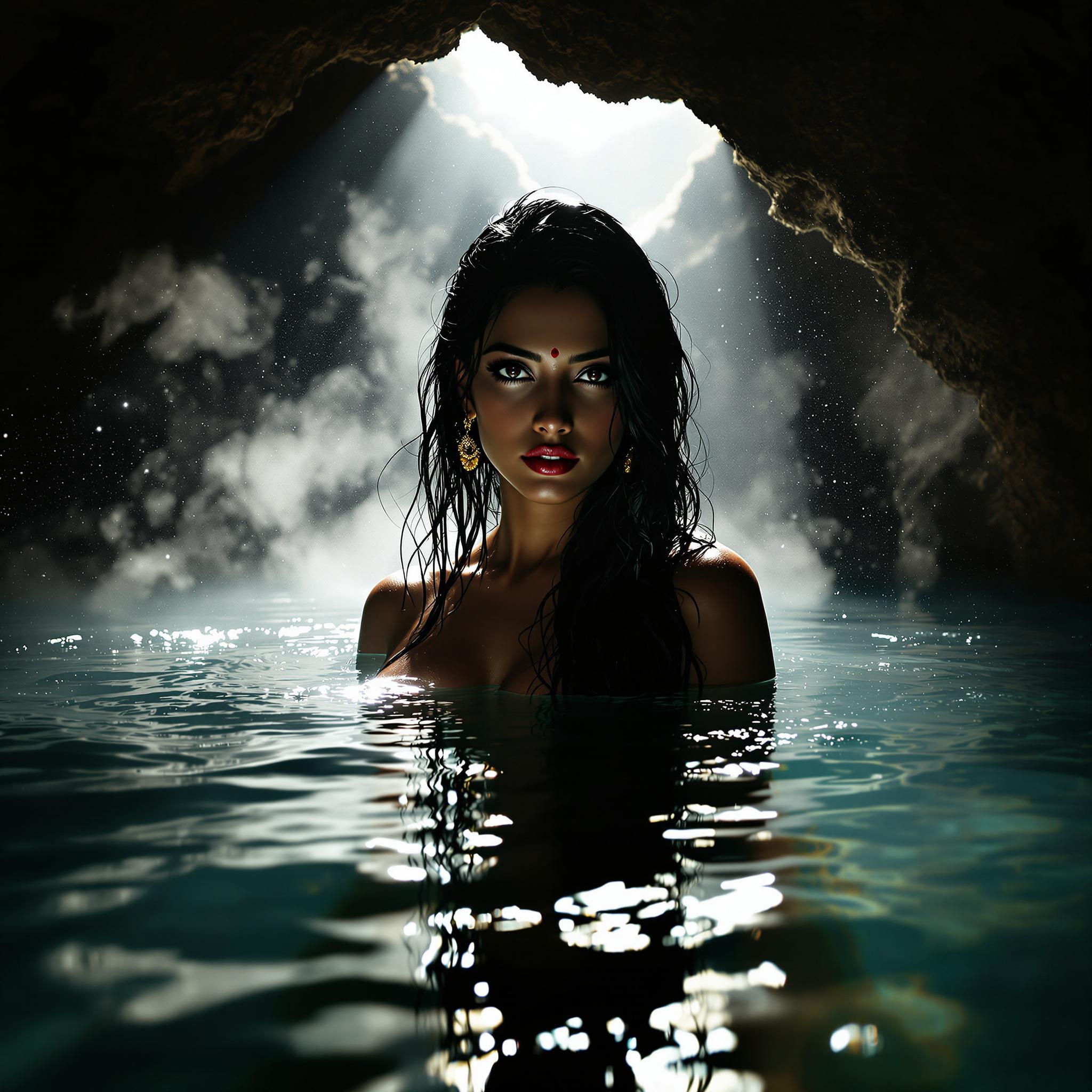 FLUX prompt: hot spring inside a dimly lit cave, steam rises fr... - FLUX