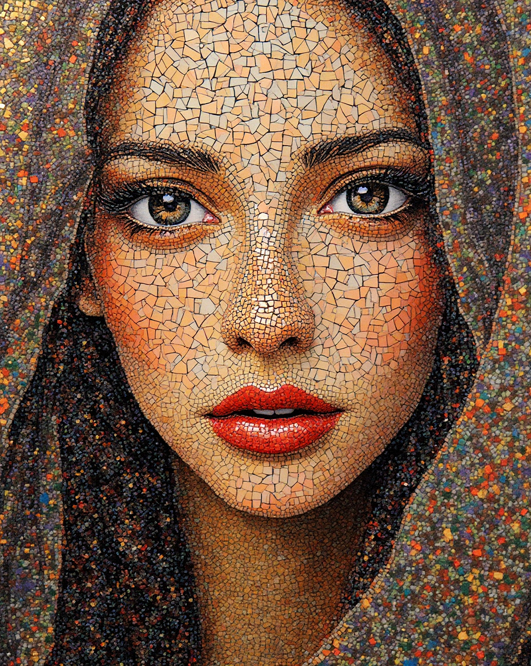 FLUX prompt: A detailed mosaic portrait of a woman with l...