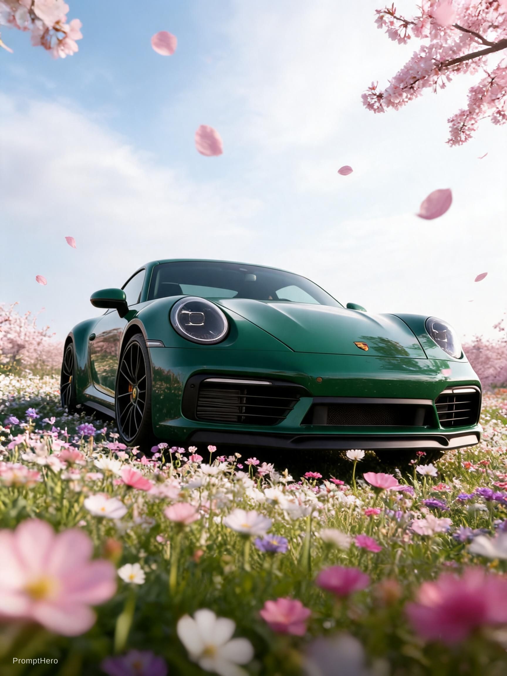 Seedream 5 prompt: extremely low shot of a forest green porche 911 in... - Seedream 5