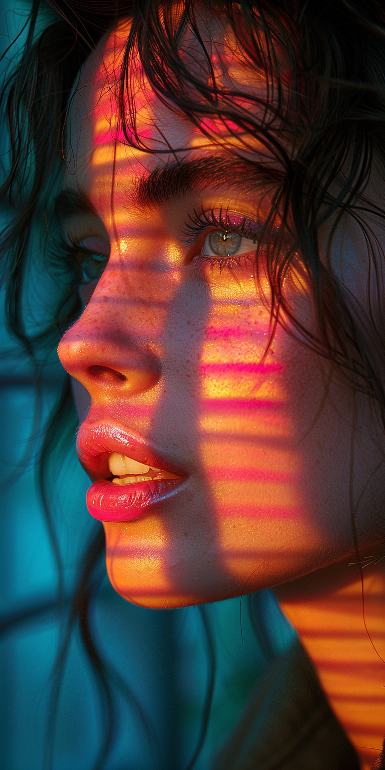 Midjourney prompt: Close-up portrait of a woman with a neon pink shad... - Midjourney
